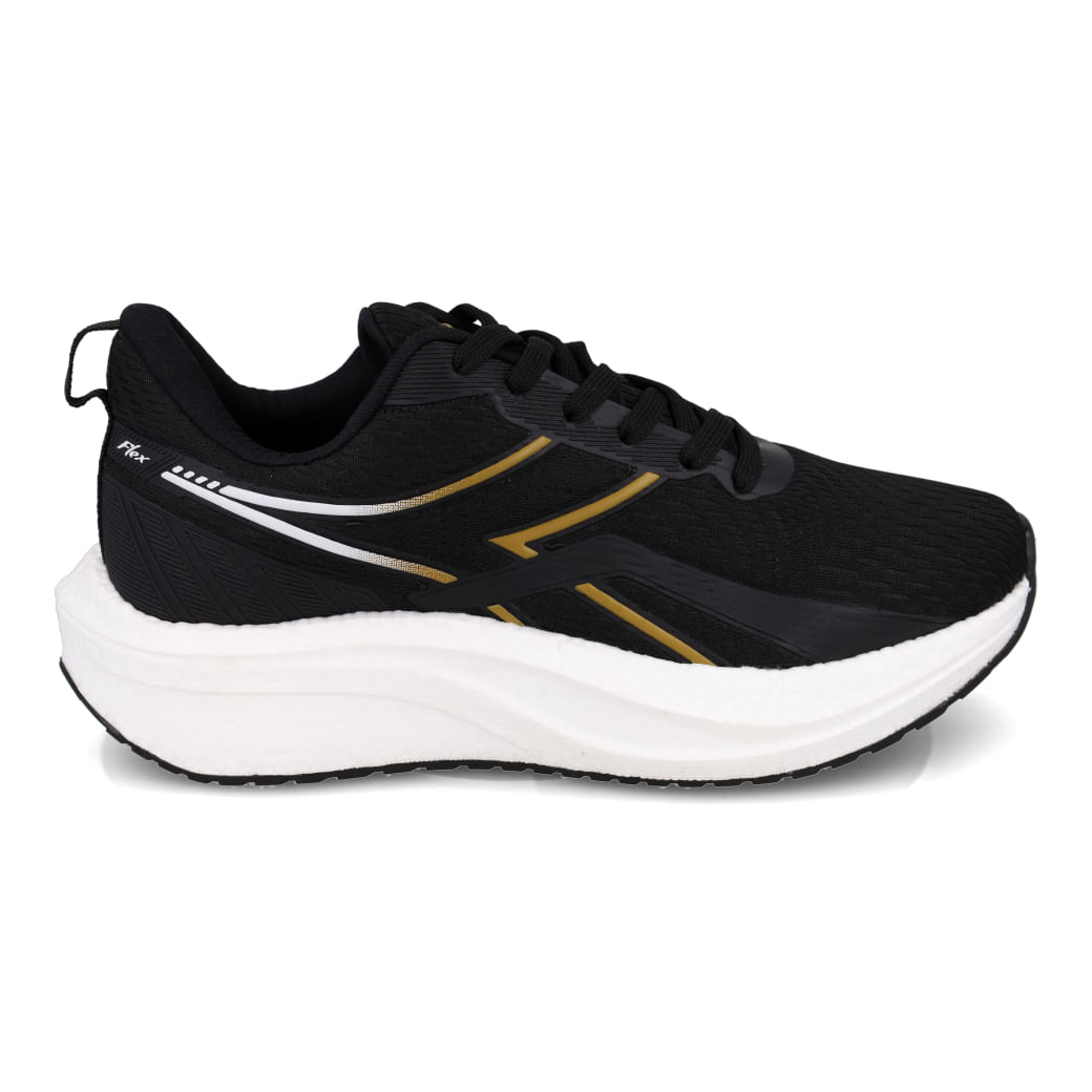 Tênis de corrida Diadora Flex masculino preto com detalhes dourados, vista frontal e lateral
